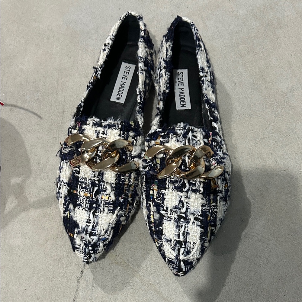 Steve Madden Tweed Loafers with Gold Chain